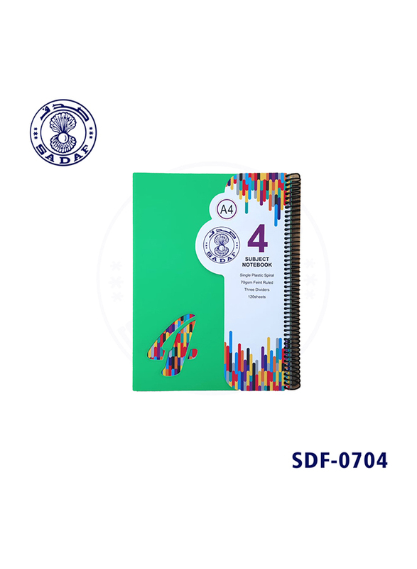 

Sadaf Plastic Spiral PP 4 Subject Notebook, 120 Sheets, 70 GSM, A4 Size, Green/White