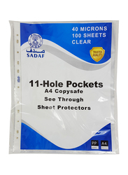 Sadaf Punched Pocket, A4 Size, White Strip, 40 Microns, 100 Sheets, Clear