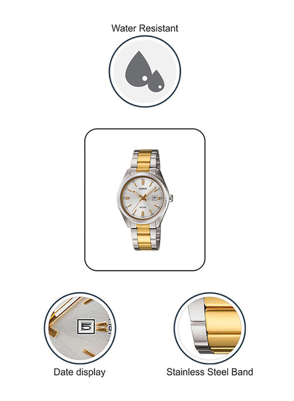 Casio Analog Watch for Men with Stainless Steel Band, Water Resistance, MTP-1302SG-7AV, Silver/Gold-White