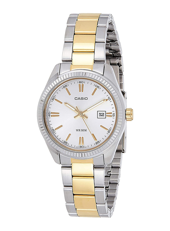 Casio Analog Watch for Men with Stainless Steel Band, Water Resistance, MTP-1302SG-7AV, Silver/Gold-White