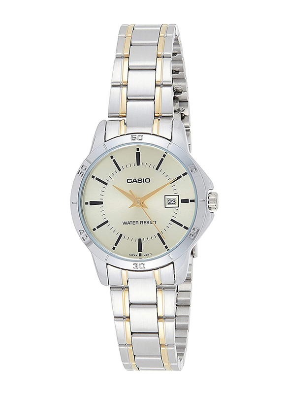 Casio Analog Quartz Watch for Women with Stainless Steel Band, Water Resistance, LTP-V004SG-9AUDF, Silver-White