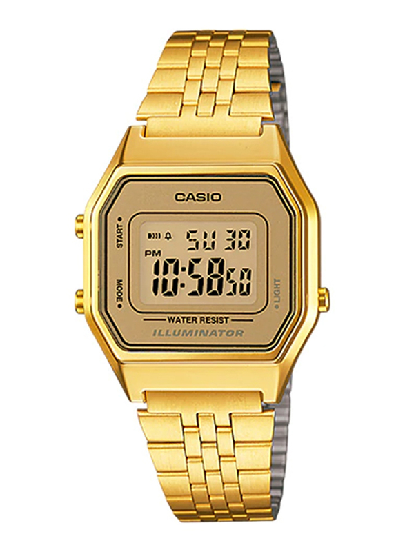 Casio LA680WGA-9DF Digital Watch for Unisex with Stainless Steel Band, Water Resistant and Chronograph, Gold-Peach