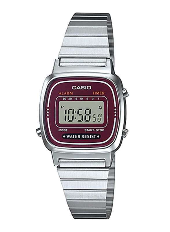 Casio LA670WA-4DF Digital Watch for Unisex with Stainless Steel Band, Water Resistant and Chronograph, Silver-Purple