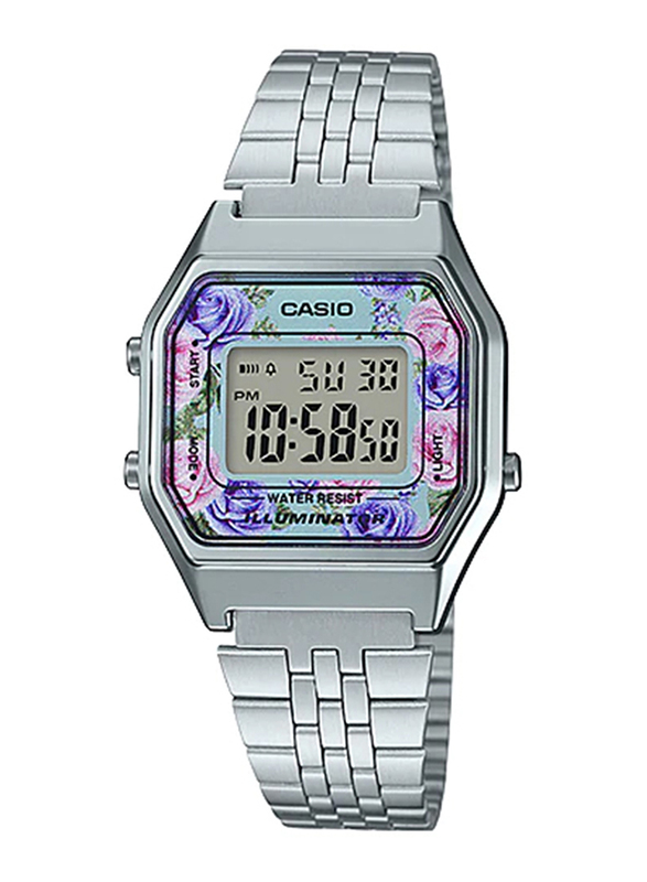 Casio LA680WA-2CDF Digital Watch for Unisex with Stainless Steel Band, Water Resistant and Chronograph, Silver-Multicolour