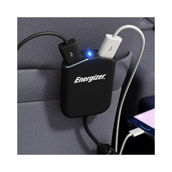 Energizer Car Charger, Quad USB Outlet 2.4 Amp, with USB Data and Charge Cable, Black