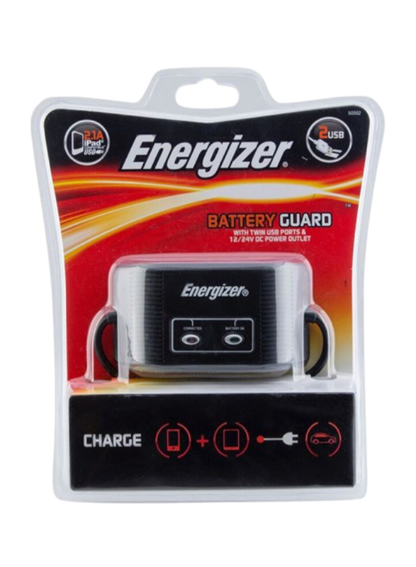 Energizer Power Outlet Twin USB Plus Socket and Battery Guard, Black