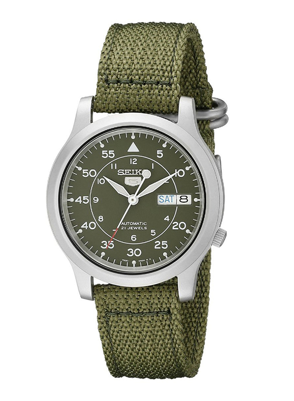 Seiko 5 Automatic Analog Watch for Men with Nylon Band, Water Resistant, SNK805K2, Green