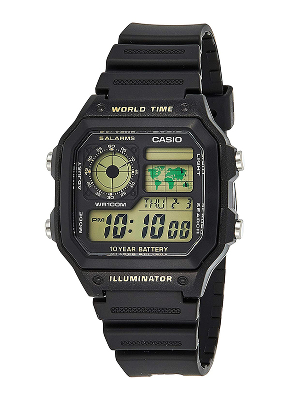 Casio Digital Watch for Men with Resin Band, Water Resistant, AE-1200WH-1BV, Black-Yellow
