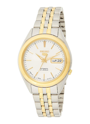 Seiko 5 Automatic Analog Watch for Men with Stainless Steel Band, Water Resistant, SNKL24J1, Silver/Gold-White