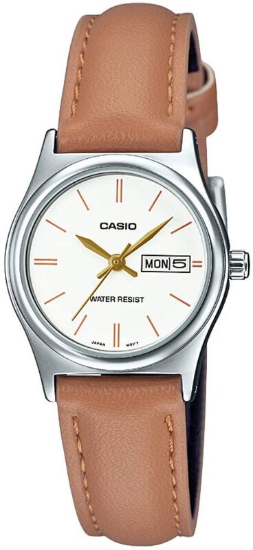 

Casio Analog Watch for Women with Leather Band, Water Resistant, LTP-V006L-7B2UDF, White-Brown