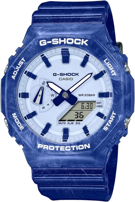 

Casio G-Shock Analog + Digital Watch for Men with Resin Band, Water Resistant, GA-2100BWP-2ADR, White-Blue