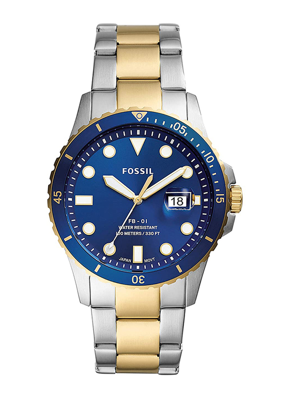 

Fossil FB-01 Analog Quartz Watch for Men with Stainless Steel Band, Water Resistant, FS5742, Silver/Gold-Blue