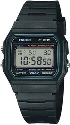 Casio Digital Display Quartz Watch for Men with Rubber Band, Water Resistant, F-91W-3DG, Black