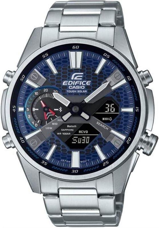 

Casio Analog/Digital Edifice Solar Powered Watch for Men with Leather Band, Water Resistant, ECB-S100D-2ADF, Silver/Blue