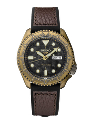 Seiko 5 Sports Automatic Analog Watch for Men with Silicone/Leather Band, SRPE80, Brown-Gold/Black