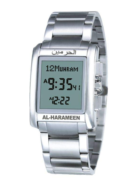 Al-Harameen Islamic Azan Digital Watch for Men with Stainless Steel Band, Water Resistant, HA-6208S, Silver-Grey