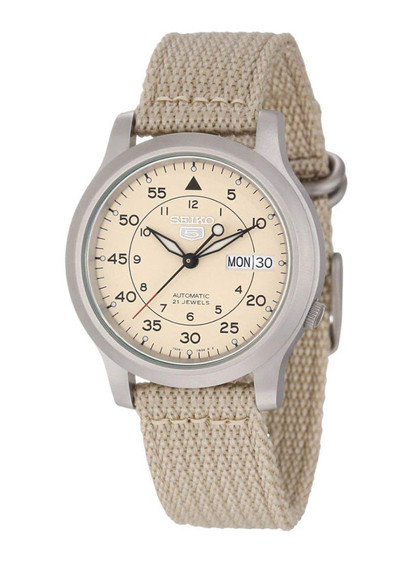 Seiko 5 Automatic Analog Watch for Men with Nylon Band, Water Resistant, SNK803K2, Beige