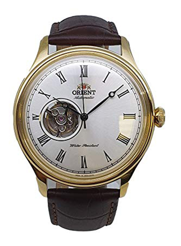 

Orient Open Heart Analog Watch for Men with Leather Artificial Band, Splash Resistant, SAG00002W0, Brown-White