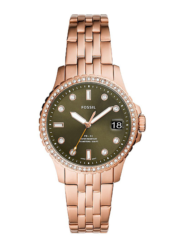 

Fossil FB-01 Analog Three-Hand Watch for Women with Stainless Steel Band, Water Resistant, ES4970, Rose Gold-Green