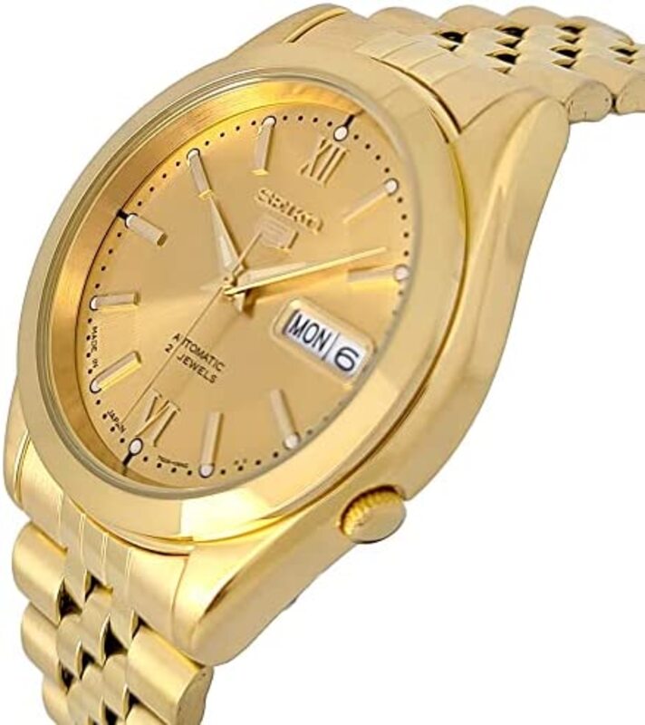 Seiko 21 Jewels Analog Watch for Men with Stainless Steel Band, Water Resistant, SNKC28J1, Gold