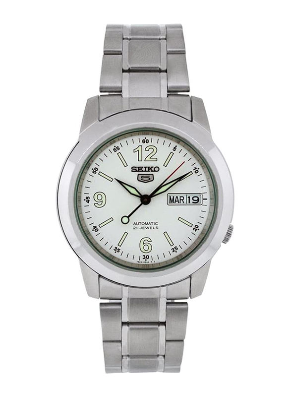Seiko 5 Automatic Analog Watch for Men with Stainless Steel Band, Water Resistant, SNKE57, Silver-White