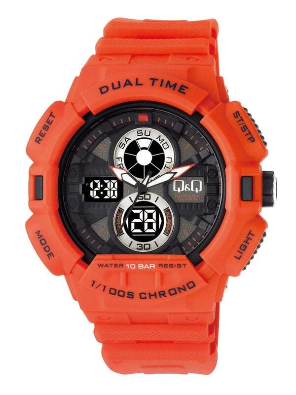

Q&Q Analog + Digital Watch for Men with Rubber Band, Water Resistant, GW81J005Y, Black-Orange