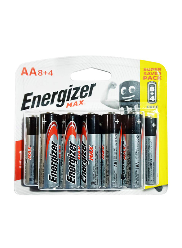 

Energizer Max 1.5V Alkaline AA Battey, 12 Pieces, E91BP12, Black/Silver