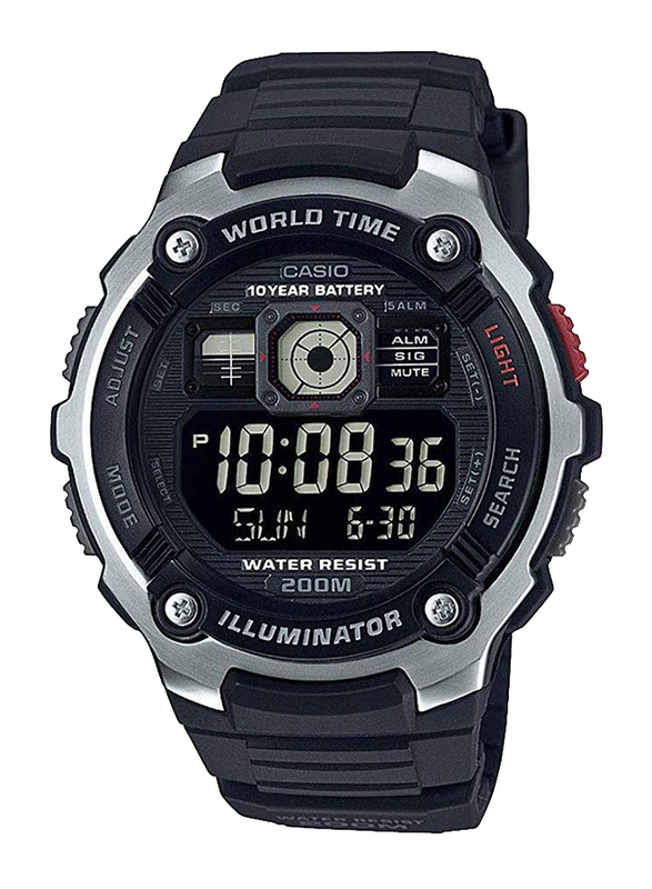 Casio Solar Powered Digital Watch for Men with Plastic Band, Water Resistant, AE-2000W-1BVDF, Black