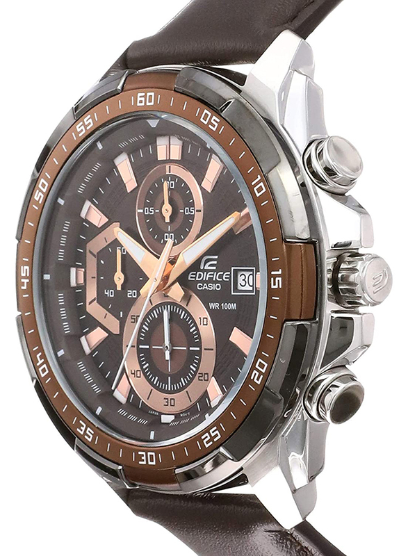 Casio Edifice Analog Quartz Watch for Men with Genuine Leather Band, Water Resistant and Chronograph, EFR-539L-5AV, Brown