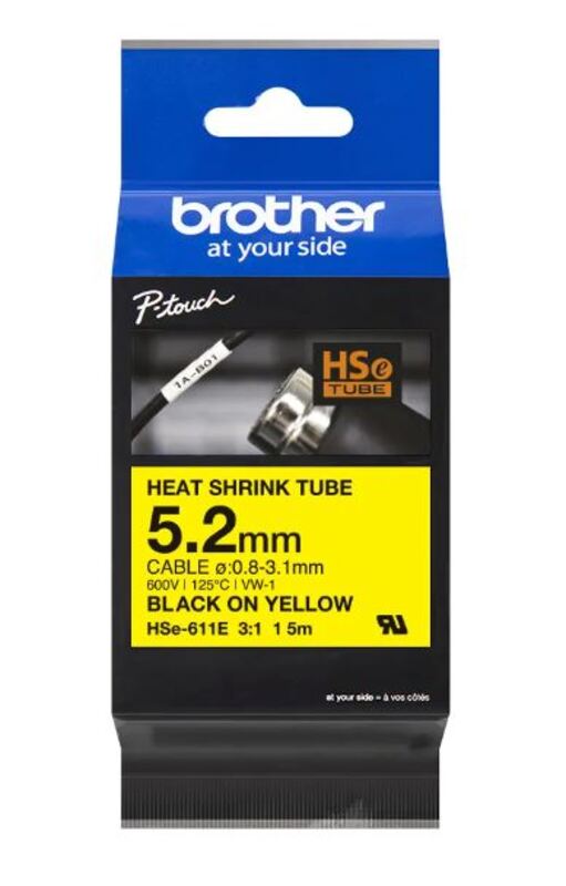 

Brother HSE-611E 5.2mm Heat Shrink Tube Black on Yellow Cassette