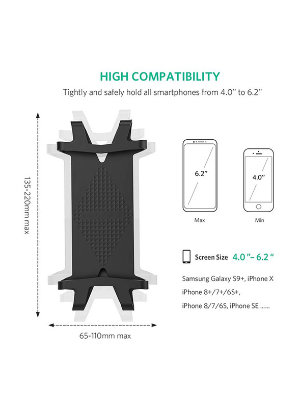 Ugreen Universal Cell Phone Bicycle Holder for 4-6.2 inch Phones, Black