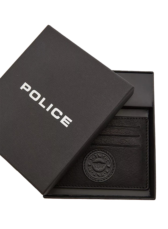 Police Carve Leather Card Case for Men, Black