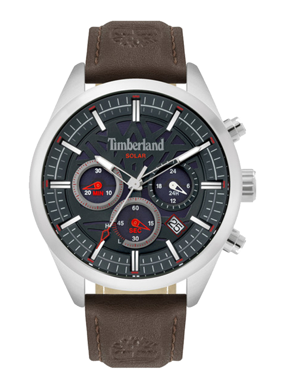 Timberland Thurlow Solar Watch for Men with Leather Band, Water Resistant and Chronograph, T TBL15950JYS-03, Dark Brown-Blue