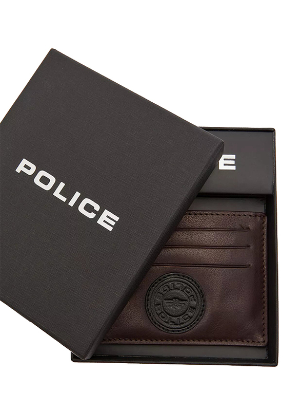 Police Carve Leather Card Case for Men, Brown