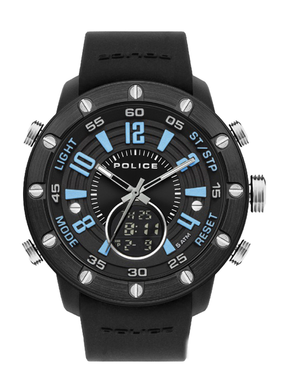 Police Batur Analog/Digital Watch for Men with Silicone Band, Water Resistant, P 16015JPBB-02P, Black