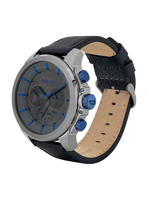 Police Belmont Analog Watch for Men with Leather Band, Water Resistant and Chronograph, P 15970JSU-61, Blue-Grey