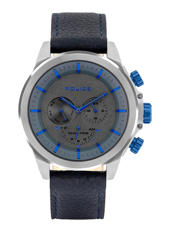 Police Belmont Analog Watch for Men with Leather Band, Water Resistant and Chronograph, P 15970JSU-61, Blue-Grey