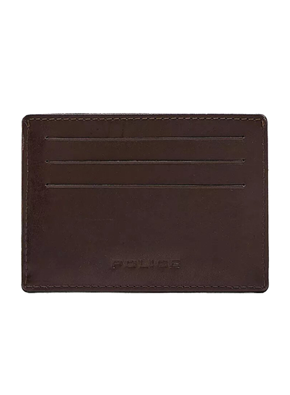 Police Carve Leather Card Case for Men, Brown