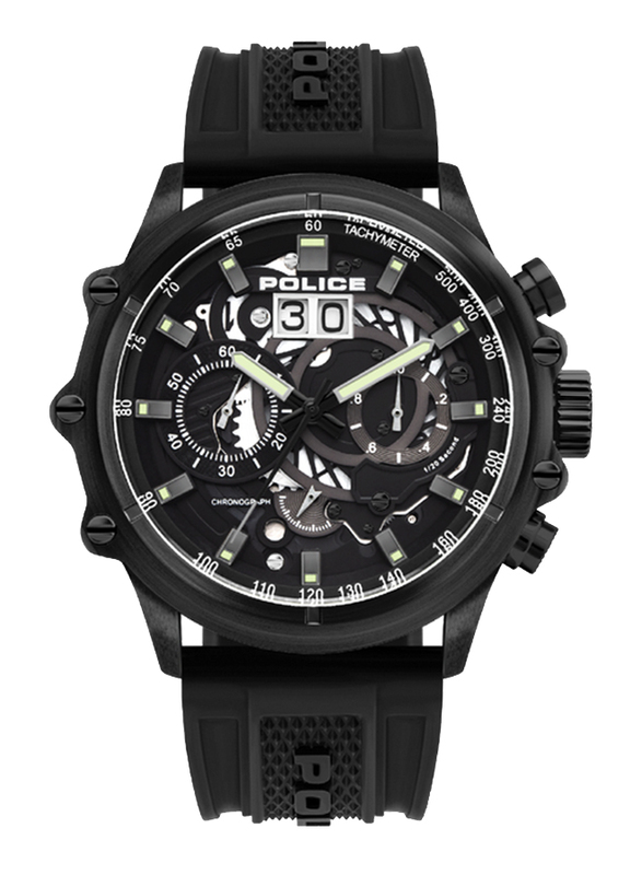 Police Luang Analog Watch for Men with Silicone Band, Water Resistant with Chronograph, P 16018JSB-02P, Black
