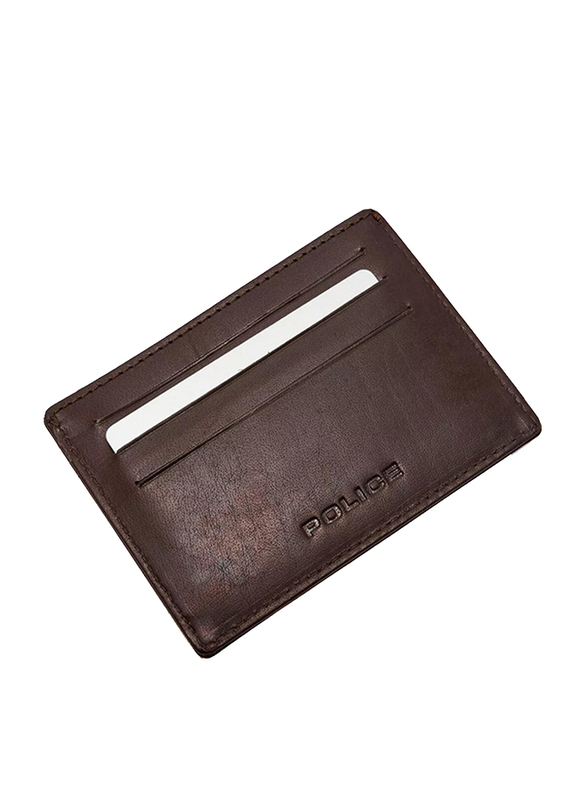 Police Carve Leather Card Case for Men, Brown