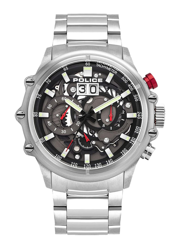 Police Luang Analog Watch for Men with Stainless Steel Band, Water Resistant with Chronograph, P 16018JS-13M, Silver-Grey