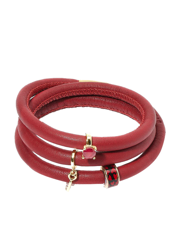 Christina Design London Leather Cord Multi Layer Bracelet for Women, with Key Heart Drop, with Heart Black Enamel and Ruby Quartz Ring Charm, Red