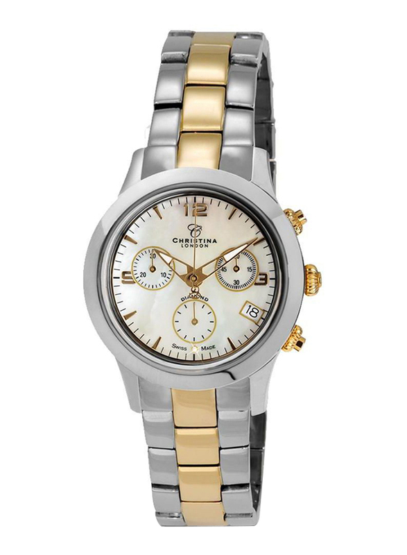 Christina Design London Analog Swiss Watch for Women with Bi Color Stainless Steel Band, Water Resistance and Chronograph, with 1 Diamond and Mother of Pearl Dial, 302BW, Silver/Gold-White