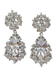 Amishi London Silver Plated Stainless Steel Studded Drop Earrings for Women, with Crystal Stone, Silver