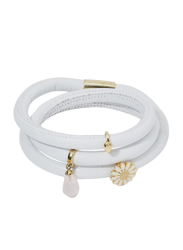 Christina Design London Leather Cord Multi Layer Bracelet for Women, with Rose Quartz Drop, with Passion Heart and Marguerite Rings Charm, White