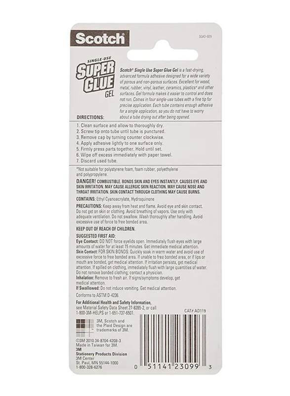 3M Scotch Single-Use Super Glue Gel, 4 Tubes x 2gm, Clear