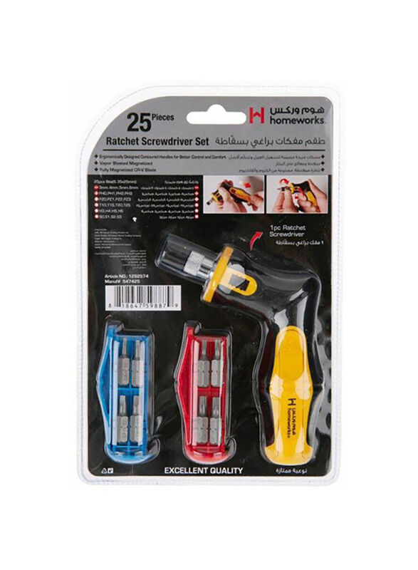 

Homeworks Ratchet Screwdriver Set, AST-1014, 25 Piece, Silver