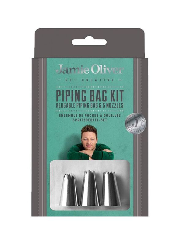 

Jamie Oliver 6-Piece Reusable Piping Bag and Nozzles Set, Silver