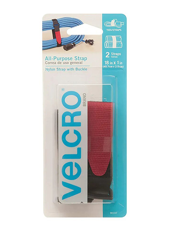 

Velcro 2-Piece All Purpose Straps with Buckle, 18 x 1 inch, Black/Red