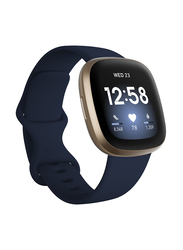 Fitbit Versa 3 Smartwatch, GPS, Soft Gold Aluminium Case with Midnight Blue Band